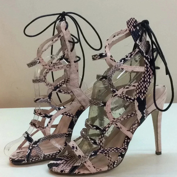 Athena Pink & Black Sexy Lace Up Stilettos - Picture 1 of 8